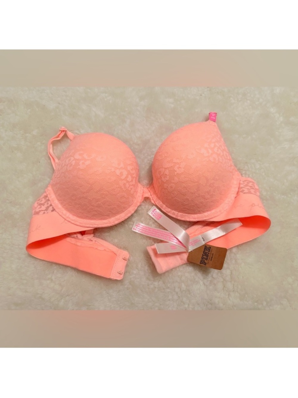 PINK Victoria's Secret Lace Push-Up Bra Set in Peach and Black